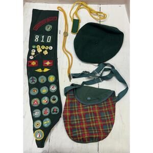Vintage Girl Scouts Lot Green Beret Sash With Patches Strap Bag